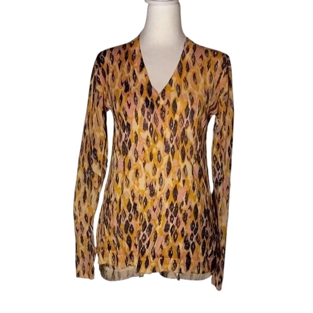 Emu Australia Colorful Orange Abstract Print Merino Wool V Neck Size Medium